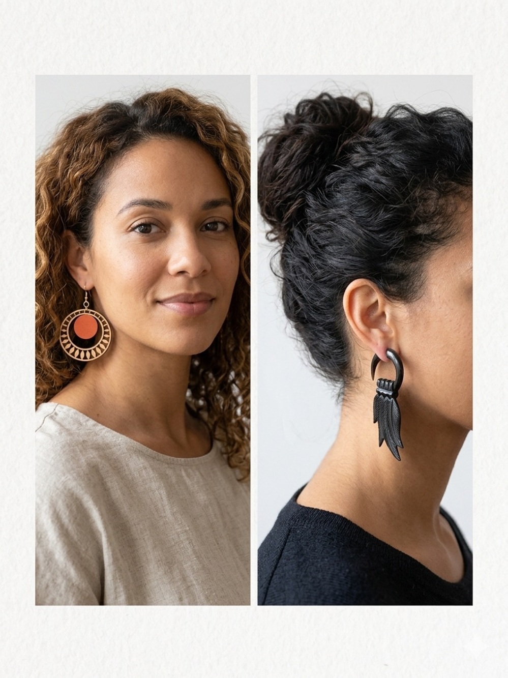 Earring Lot: Geometric Laser Cut Wood & Hand-Carved Tribal Horn Faux Gauges